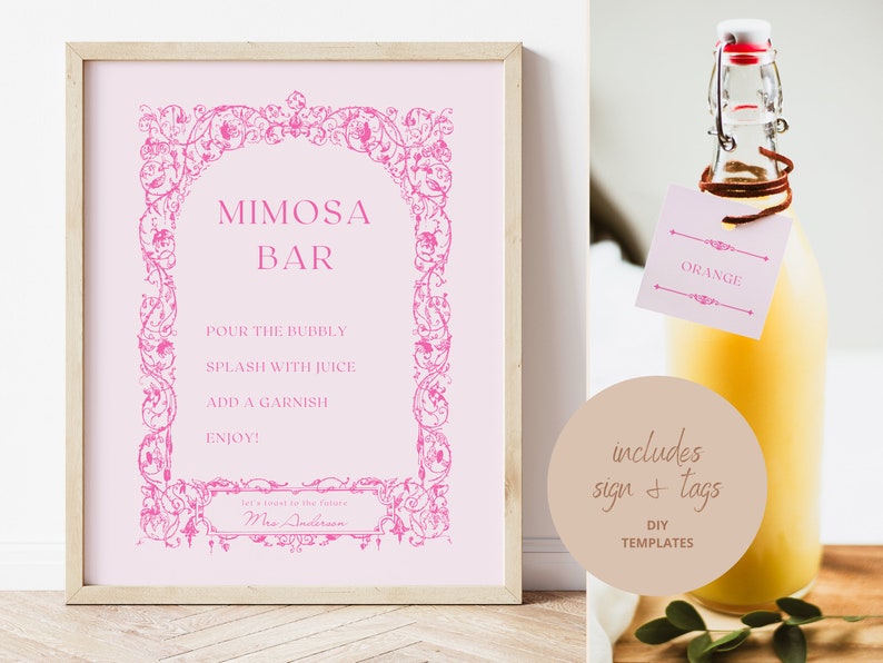 Hot Pink Garden Party Bridal Shower Mimosa Bar Sign and Tags Template Floral Bridal Brunch Mimosa Bar Tags Printable Bubbly Bar Sign BS9 image 1