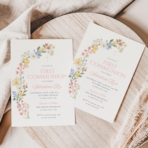 Plantilla de invitación de primera comunión con flores silvestres, invitación imprimible para primera comunión, invitación editable de primera comunión rosa para niña, FC47