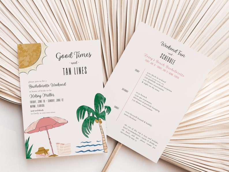 Beach Bachelorette Party Invitation and Itinerary Template Digital Instant Download Boho Good Times & Tan Lines Tropical Girls Weekend GT2 image 1