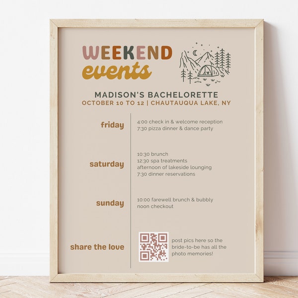 Camp Bachelorette Party Itinerary and QR Code Sign Template | Retro Camping Bachelorette Girls Weekend Decor | Glamping Mountain Lake Bach
