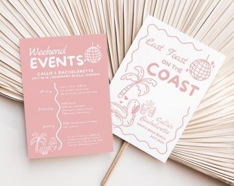 Last Toast On The Coast Bachelorette Party Invitation and Itinerary Template, Cute Pink Coastal Beach Bach Weekend Events and Invite Card