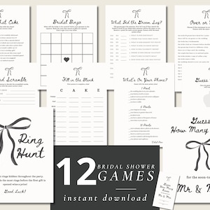 She&#39;s Tying the Knot Bow Bridal Shower Games Template Bundle, Printable Black White Wedding Shower DIY Activities Game Cards and Signs, BS43