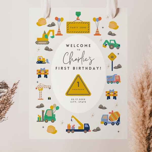 Construction Birthday Welcome Sign Template, Cute Printable 1st Birthday Construction Party Decor, Editable First Birthday Decorations, FB13