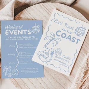 Last Toast On The Coast Bachelorette Party Invitation and Itinerary Template, Cute Blue Coastal Beach Bach Weekend Events and Invite Card