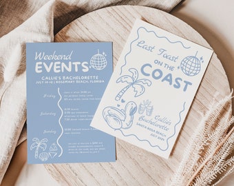 Last Toast On The Coast Bachelorette Party Invitation and Itinerary Template, Cute Blue Coastal Beach Bach Weekend Events and Invite Card