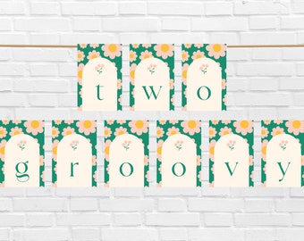 Zwei groovige Geburtstagsparty Banner Vorlage, Niedliches Boho Gänseblümchen Thema 2. Geburtstag Mädchen Dekoration, Retro Hippie Blume druckbares Dekor, FB11