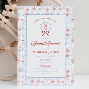Sjabloon bruiloft uitnodiging vrijgezellenfeest 4 juli, bewerkbaar rood wit en I Do monogram feestuitnodiging, botanische brunchkaart Fourth of July, BS73