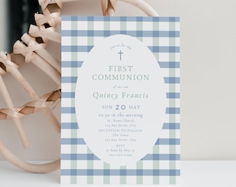 Blue Boys First Communion Invitation Editable Template, Editable Modern 1st Holy Communion Invitations, Elegant Printable Invite Cards, FC42