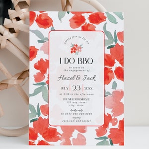 I Do BBQ Couples Shower Invitation Template, Modern Backyard Cookout Engagement Party Invite, Red Pink Floral Bridal Invitations Card, BS26 image 4