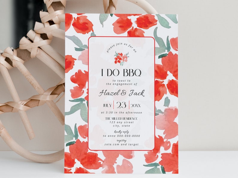 I Do BBQ Couples Shower Invitation Template, Modern Backyard Cookout Engagement Party Invite, Red Pink Floral Bridal Invitations Card, BS26 image 4