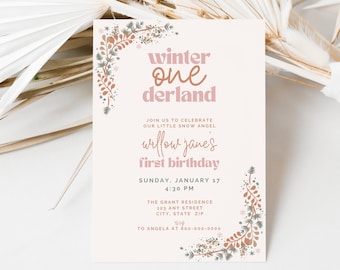 Winter Onederland Birthday Girl Invitation Template, Winter First Birthday Invitation, Pink December Christmas Girl Party Invite, FB17