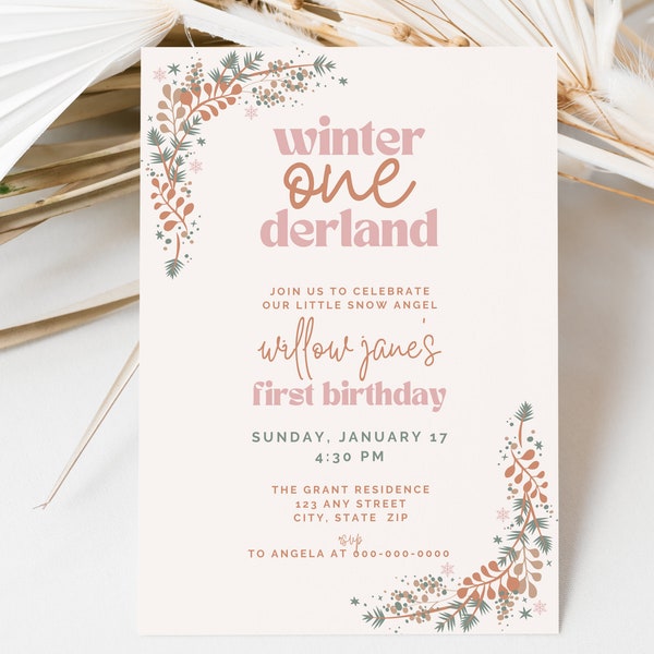 Winter Onederland Birthday Girl Invitation Template, Winter First Birthday Invitation, Pink December Christmas Girl Party Invite, FB17