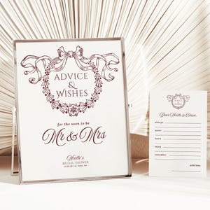 Christmas Bridal Shower Advice & Wishes Sign and Card Template, Editable Burgundy December Event Decorations, Printable Games Signage, BS57