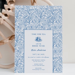 Tea Party Bridal Shower Invitation Template, Something Blue Floral Garden Party Invite, Editable Bridal Brunch Tea Theme Invitations, BS19