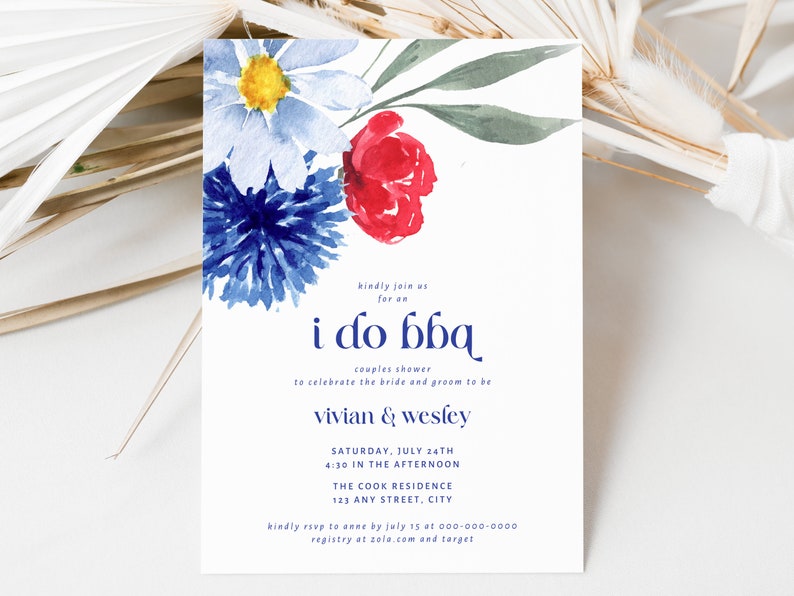 I Do BBQ Couples Shower Invitation Template, Modern Backyard Cookout Engagement Party Invite, Floral Bridal Shower Invitations Card, BS25 image 3