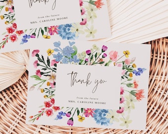 Wildflower Bridal Shower Thank You Card Template, Editable Boho Floral Garden Party Thank You Notes, Pink Botanical Bridal Brunch Cards BS33