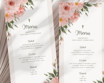 Pink Floral First Communion Menu Cards Template | Printable 1st Communion Menu Template | Editable Menu for First Holy Communion Girl | FC1