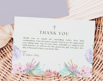 Wildflower First Communion Thank You Card Template | Printable Floral 1st Communion Note Cards | Cute First Holy Communion Stationery | FC11