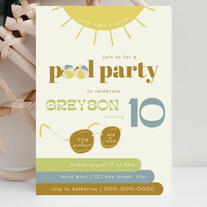 Pool Party Invitation | 5x7 | Printable Canva Template | Instant Download | Retro | 5th birthday party| 10th birthday | Boho Birthday Boy