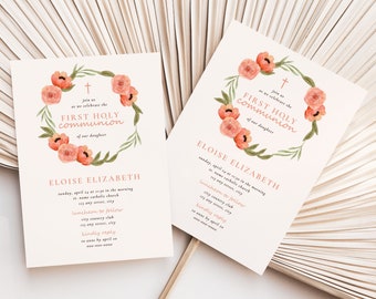 Floral First Communion Invitation Template, Modern Peach Flowers 1st Holy Communion Invites, Editable First Communion Girl Invitation FC29