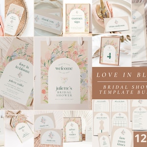 Lot de douche nuptiale Love in Bloom, décoration d'invitation pour le brunch nuptiale dans le jardin printanier et jeux, modèles modifiables de garden-party florale rose BS28