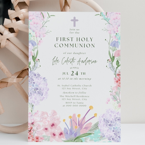 Einladungsvorlage zur Erstkommunion mit Wildblumen | Druckbare DIY-Einladung zur 1. Kommunion | Bearbeitbare Einladung zur Erstkommunion Mädchen | FC11