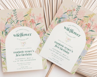 Wildflower First Birthday Invitation Template for a One Year Old Girl, Boho Wild One 1st Birthday Party DIY Invite Instant Download, FB8