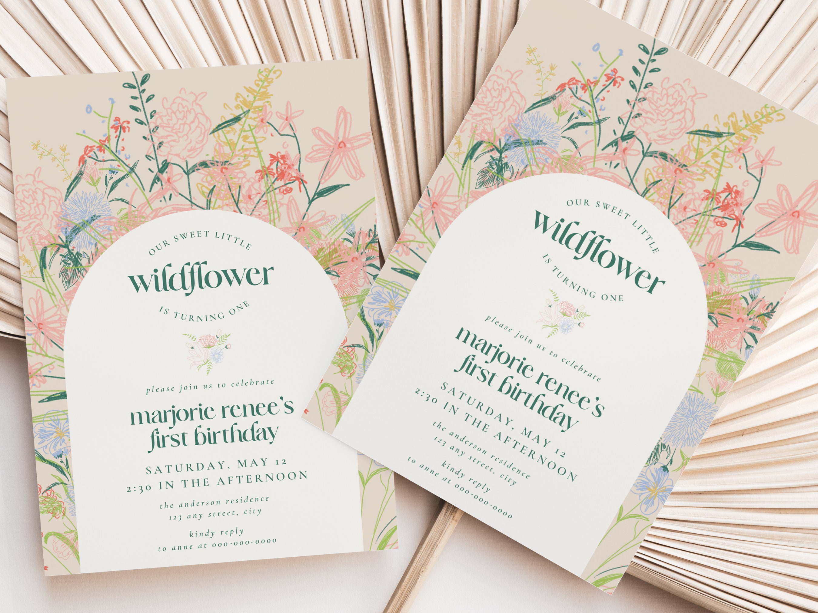 Wildflower First Birthday Invitation Template for a One Year Old Girl, Boho Wild One 1st Birthday Party DIY Invite Instant Download, FB8