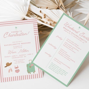 Charleston SC Bachelorette Invitation and Itinerary Template | Cute Editable Pink and Mint Bach Party Invite | Girls Weekend Hen Party | CB1