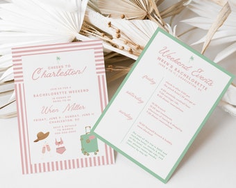 Charleston SC Bachelorette Invitation and Itinerary Template | Cute Editable Pink and Mint Bach Party Invite | Girls Weekend Hen Party | CB1