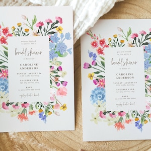 Modèle d'invitation de douche nuptiale de fleurs sauvages, cartes d'invitation modifiables de fête de jardin floral bohème, invitations de brunch nuptiale botanique rose, BS33