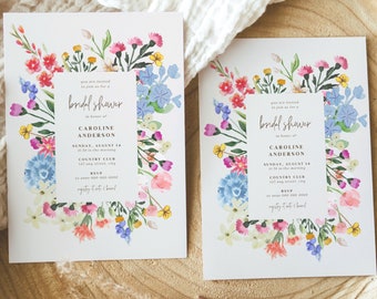 Wildflower Bridal Shower Invitation Template, Editable Boho Floral Garden Party Invite Cards, Pink Botanical Bridal Brunch Invitations, BS33