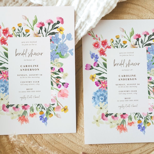 Modello di invito per la doccia nuziale di fiori selvatici, carte di invito per la festa in giardino floreale Boho modificabile, inviti per il brunch da sposa botanico rosa, BS33