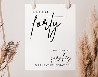 40th Birthday Decoration Welcome Sign Template | Happy 40th Birthday Poster for Birthday Party | Black & White Printable for Her Celebration