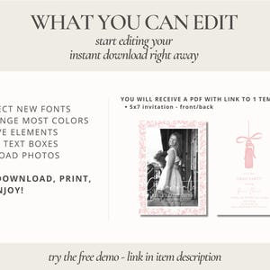 May include: A digital invitation template with editable elements. The design includes a black and white photo within a pink floral frame, and a pink graduation tassel graphic. Text includes "What You Can Edit" and "Grad Party".
