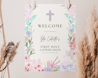 Wildflower First Communion Welcome Sign Template | Printable 1st Communion Welcome Poster | DIY First Holy Communion Decor for a Girl | FC11