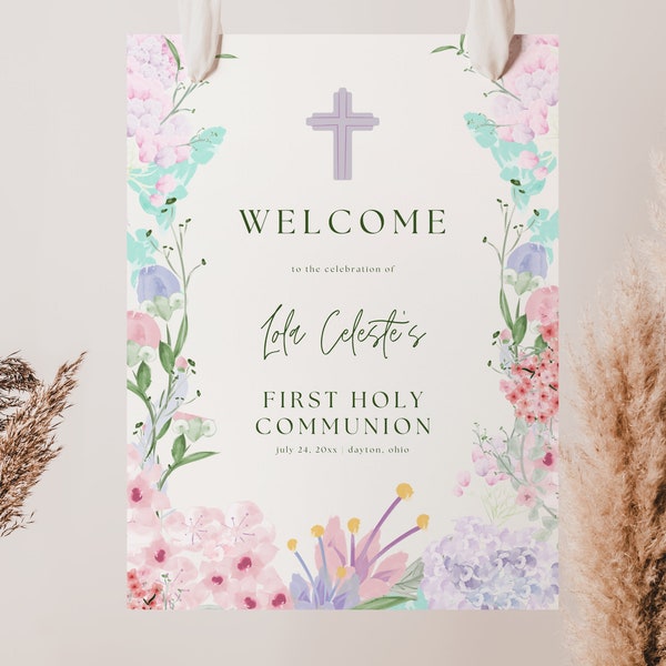 Wildflower First Communion Welcome Sign Template | Printable 1st Communion Welcome Poster | DIY First Holy Communion Decor for a Girl | FC11