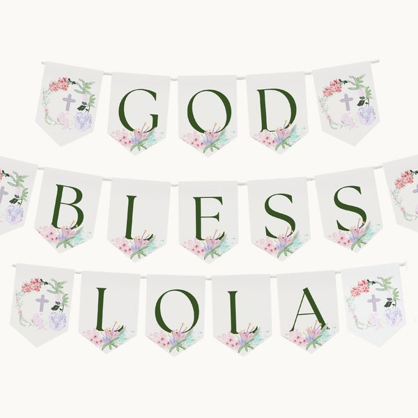 Wildflower First Communion God Bless Banner Template | Custom Printable 1st Communion Bunting| DIY First Holy Communion Decoration | FC11