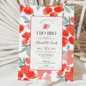 I Do BBQ Couples Shower Invitation Template, Modern Backyard Cookout Engagement Party Invite, Red Pink Floral Bridal Invitations Card, BS26 image 5
