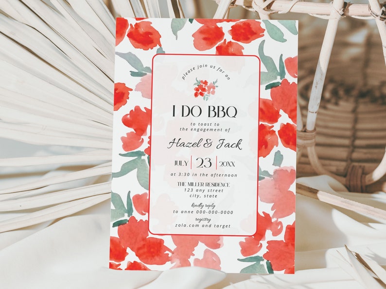 I Do BBQ Couples Shower Invitation Template, Modern Backyard Cookout Engagement Party Invite, Red Pink Floral Bridal Invitations Card, BS26 image 5