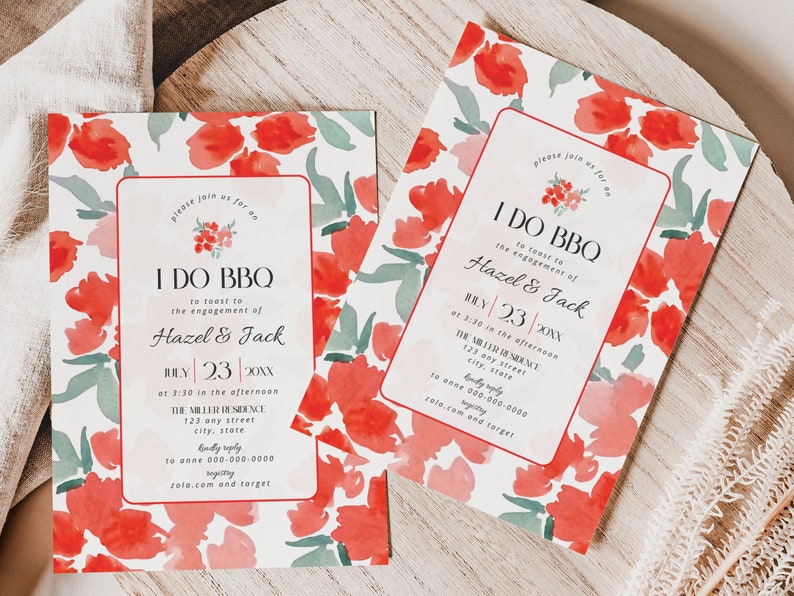 I Do BBQ Couples Shower Invitation Template, Modern Backyard Cookout Engagement Party Invite, Red Pink Floral Bridal Invitations Card, BS26 image 1