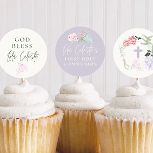 Wildflower First Communion Cupcake Toppers Template | Custom Printable 1st Communion Food Picks Decor | First Holy Communion Decoration FC11