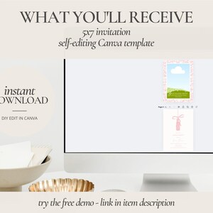 May include: A computer monitor displays a 5x7 invitation template. The text on the screen reads "WHAT YOU'LL RECEIVE" and "instant DOWNLOAD". The invitation design features a pink and green floral border. The text "try the free demo - link in item description" is at the bottom.