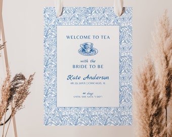 Tea Party Brautparty Willkommensschild Vorlage, etwas Blaues Blumen Gartenparty Poster, bearbeitbares Brautbrunch Tee Thema Herunterladen, BS19