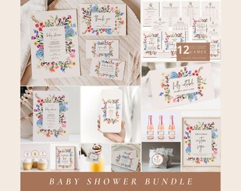 Wildflower Baby Shower Bundle of Templates, Editable Floral Baby Brunch Invitation for a Girl, Printable Baby Shower Decor and Games, BY5