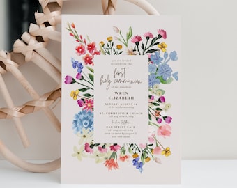 Wildflower First Communion Invitation Template | Printable 1 st Communion DIY Invite | Editable First Holy Communion Invitation Girl | FC15