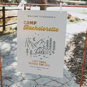 Camp Bachelorette Party Welcome Sign Template | Retro Camping Bachelorette Girls Weekend Poster | Boho Glamping Lake Mountain Bachelorette