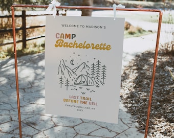 Camp Bachelorette Party Welcome Sign Template | Retro Camping Bachelorette Girls Weekend Poster | Boho Glamping Lake Mountain Bachelorette