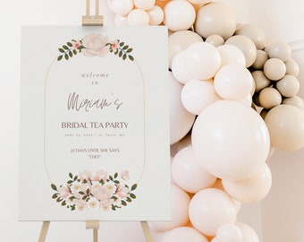 Tea Party Bridal Shower Welcome Sign Template, Editable Boho Floral Garden Party Poster, Printable Pink Bridal Brunch Tea Theme Decor, BS20