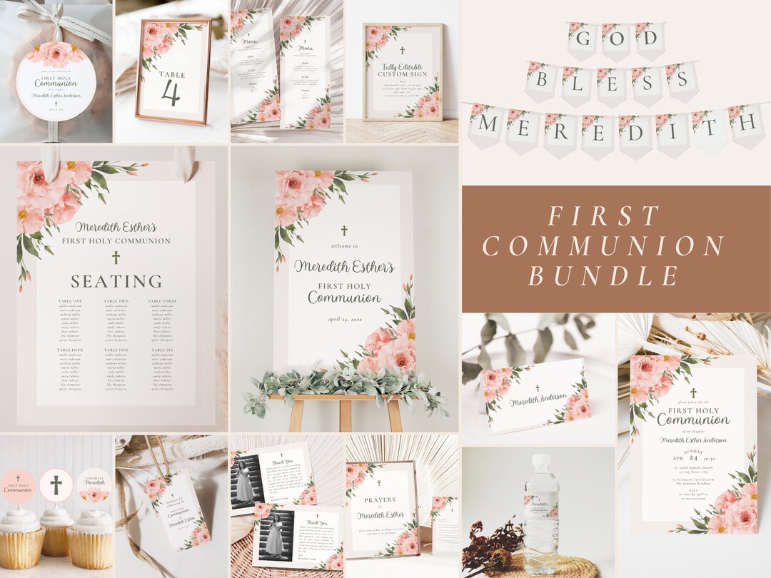 Pink Floral First Communion Invitation Template Bundle 1st Holy ...